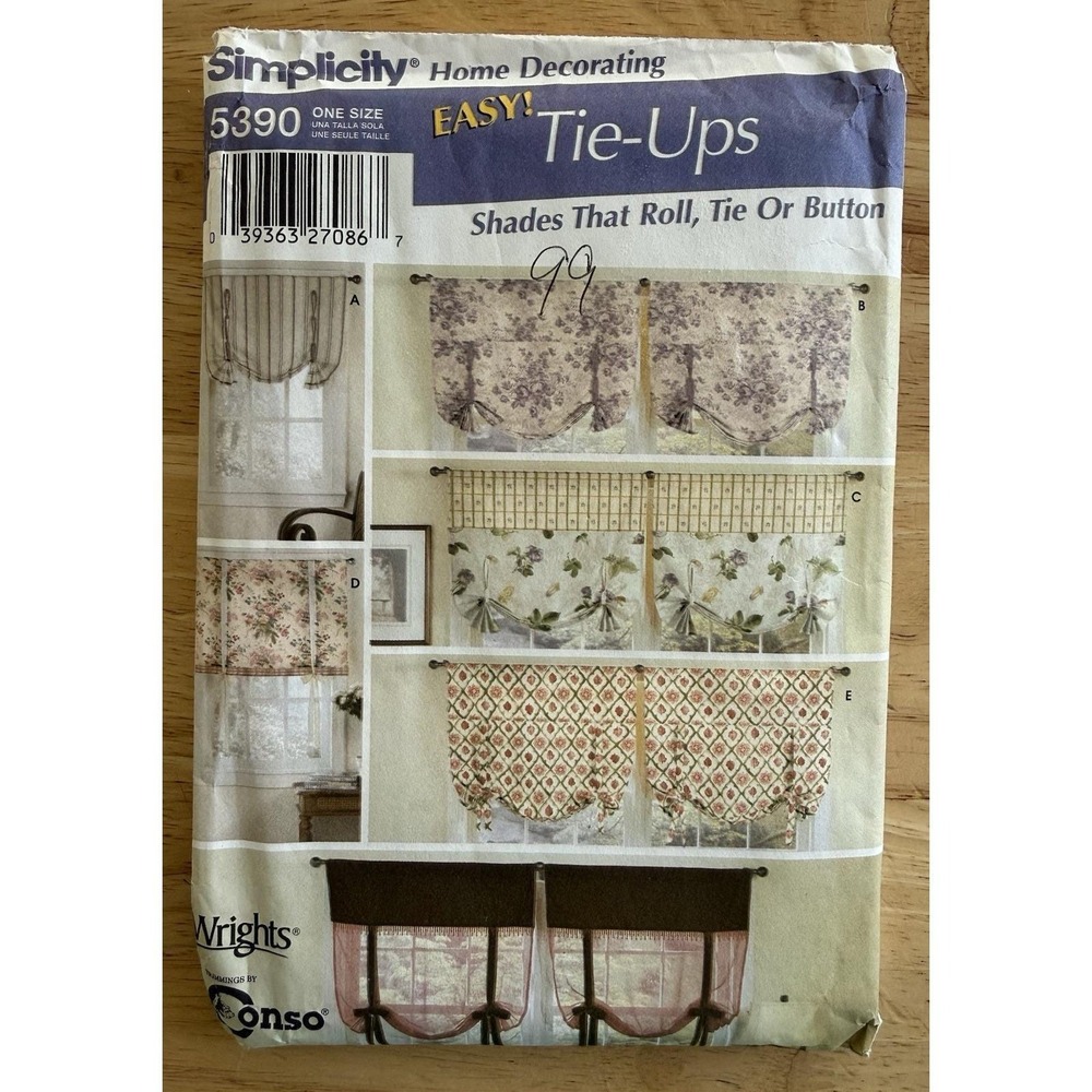 Simplicity Easy! Tie-Ups Pattern 5390 Roll-Up, Tie Or Button Shades Uncut‎ FF